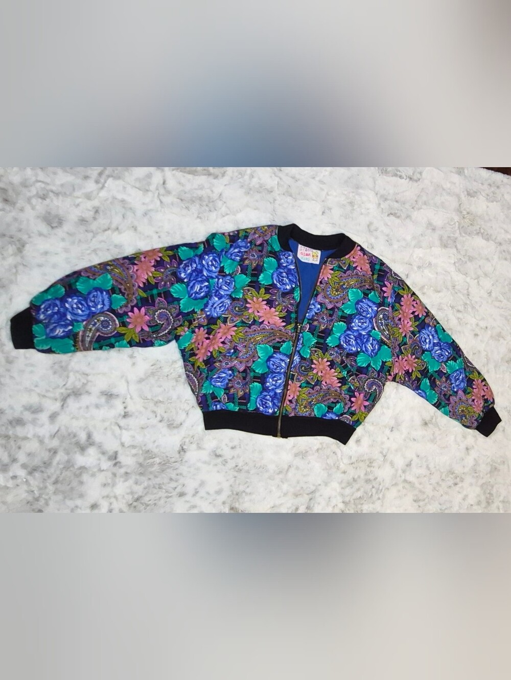 90's Vintage Stone Gear Kids! Vibrant Floral Bomber Jacket - Blue & Teal
